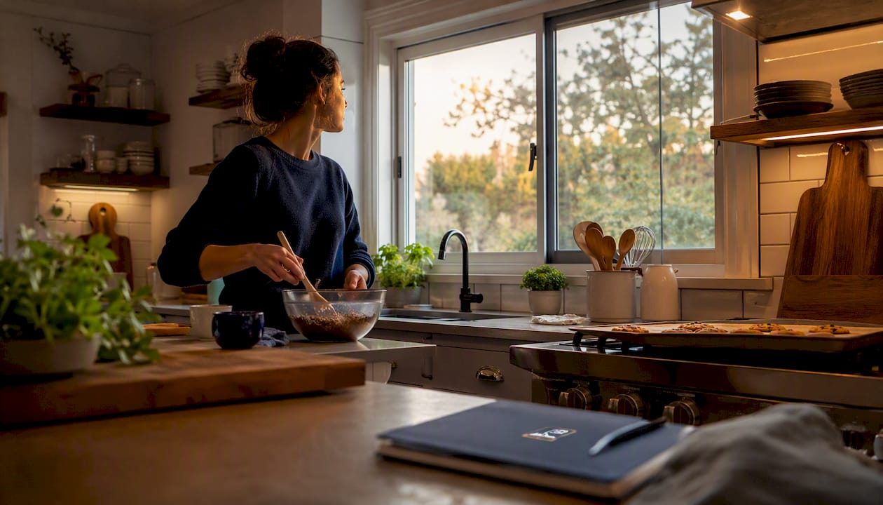 Woman cooking with open awning window in kitchen