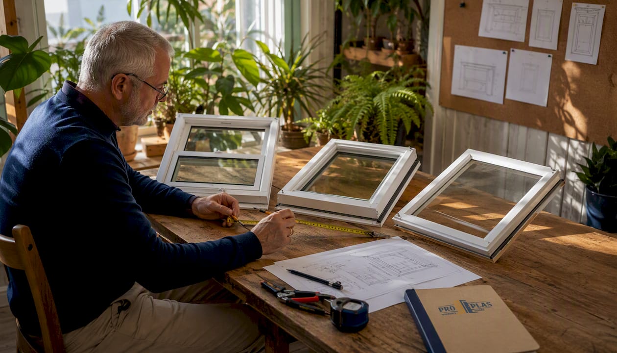 Elderly man comparing window frames in workshop