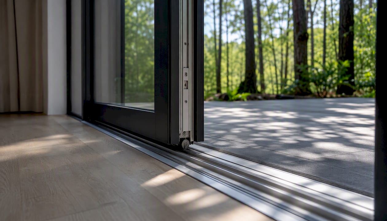Lift-and-slide door on patio overlooking lake