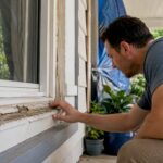 Damaged home window exterior with homeowner inspecting