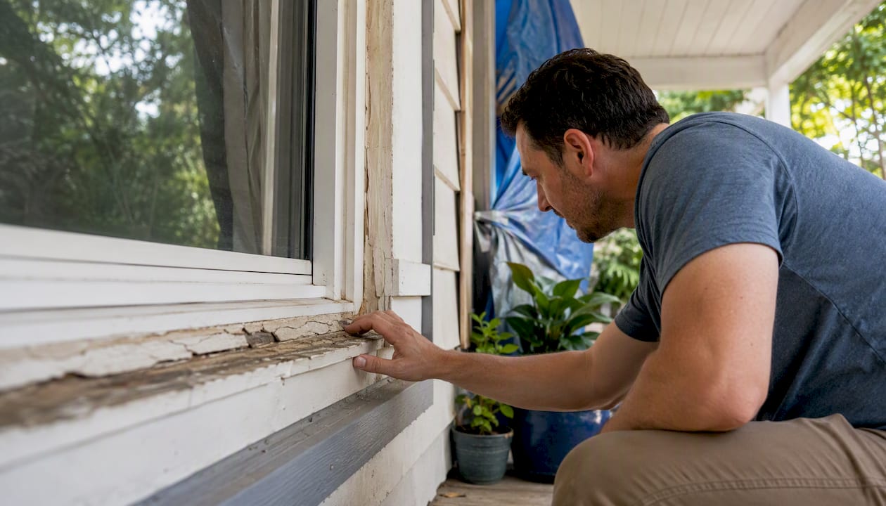 Damaged home window exterior with homeowner inspecting