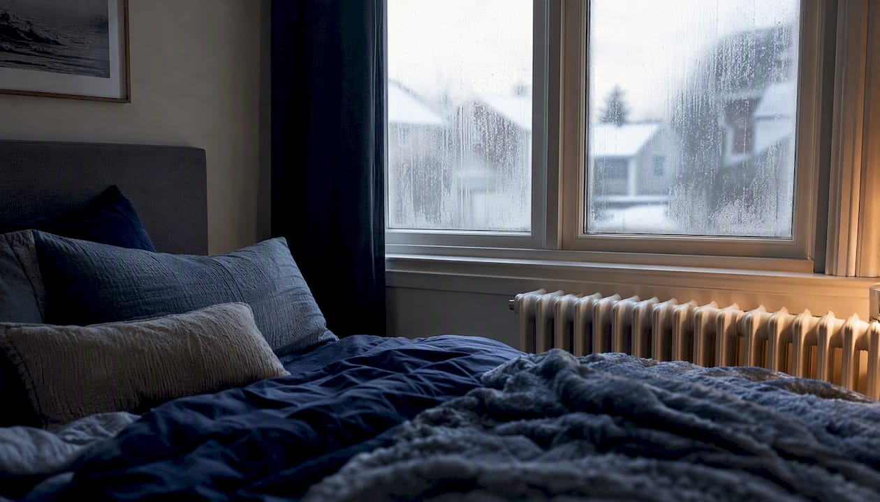Frosted cold bedroom window interior