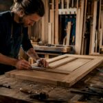 Craftsman measuring bespoke wooden door panel