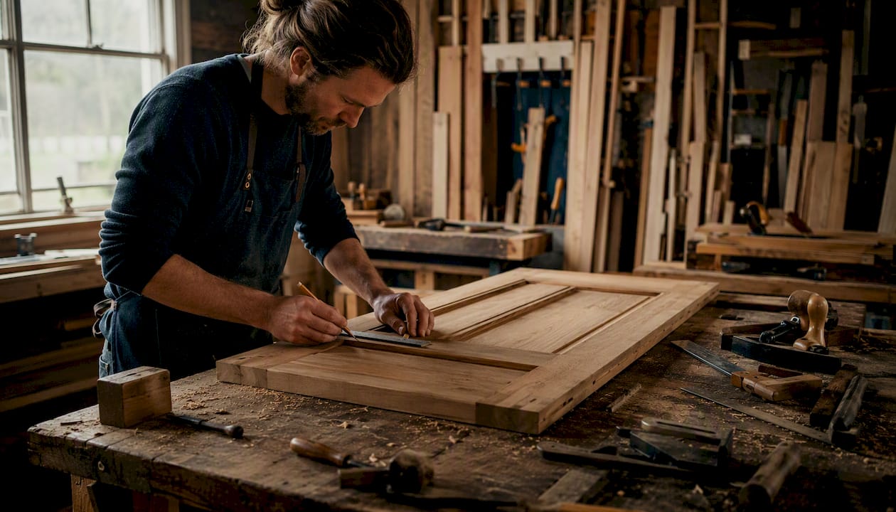 Craftsman measuring bespoke wooden door panel