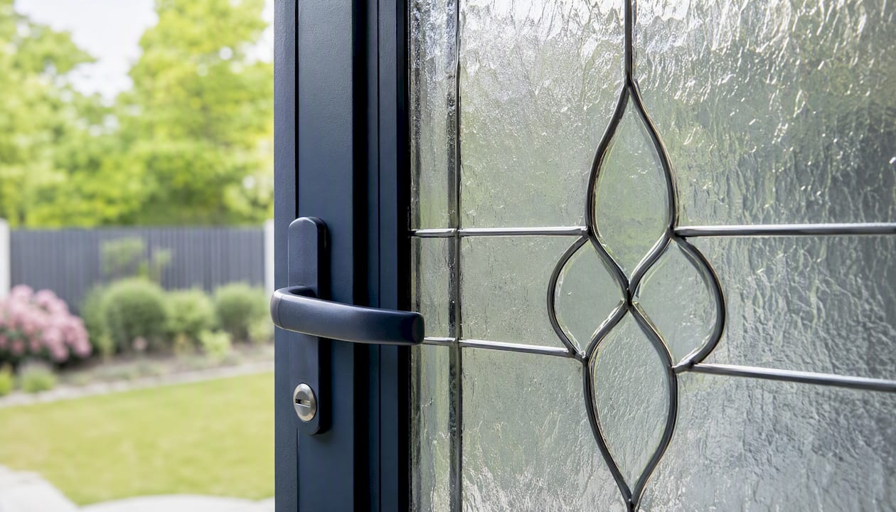 Close-up of decorative glass and hardware on door