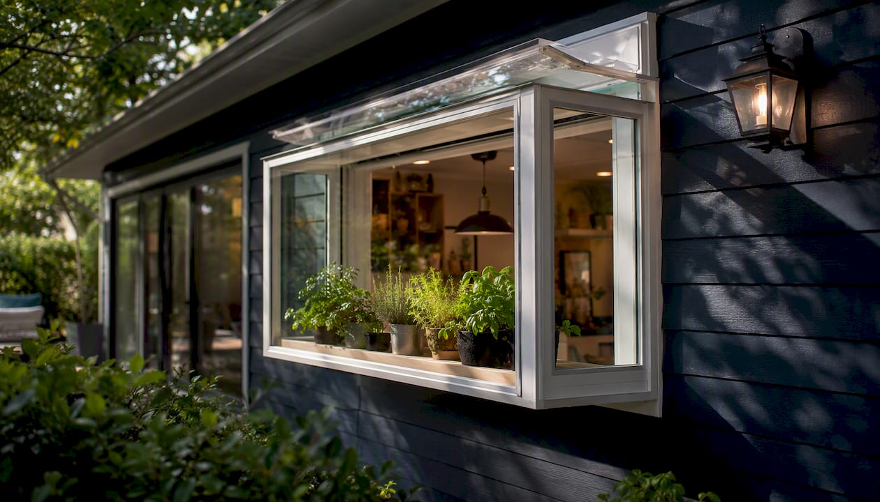Exterior of home with projecting garden window and plants
